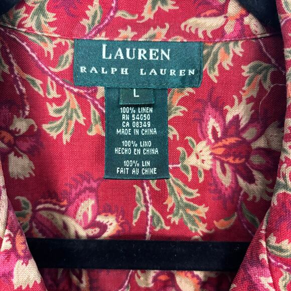 Lauren Ralph Lauren 100% linen button down red floral blouse size large - Picture 2 of 6